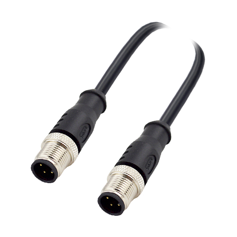 M12 3pins A code male straight to male straight molded cable,unshielded,PVC,-40°C~+105°C,22AWG 0.34mm²,brass with nickel plated screw